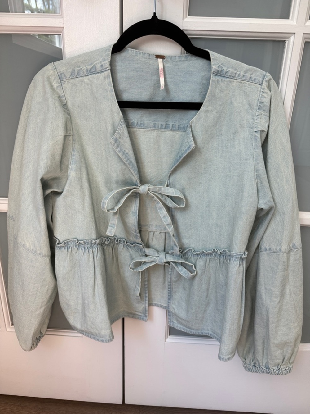 Free People Light Wash Denim Tie-Front Jacket